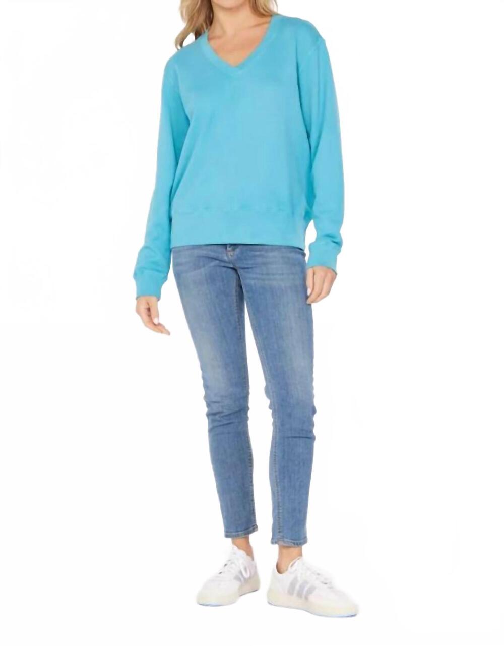 NEW MODODOC deep v-neck sweatshirt in aqua mist